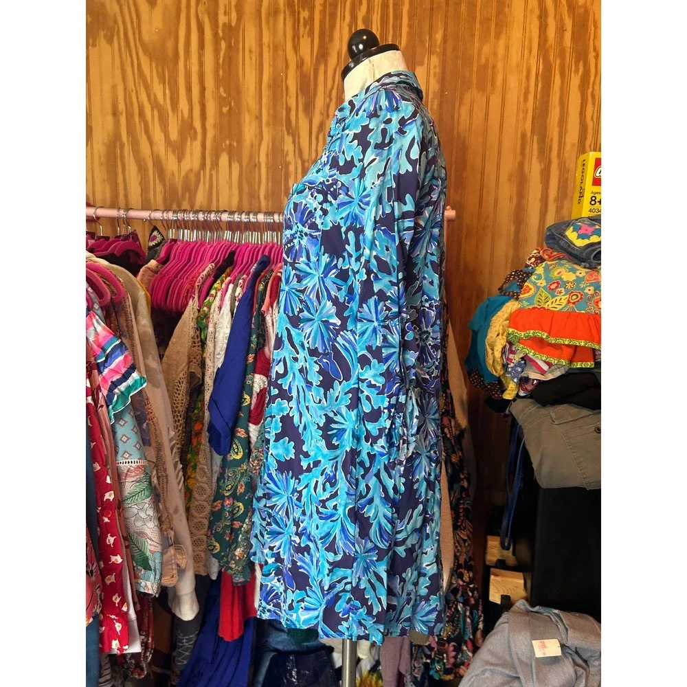 Lilly Pulitzer Blue‎ Floral Coral Print Rayon Button Down Shirt Dress XS Beach